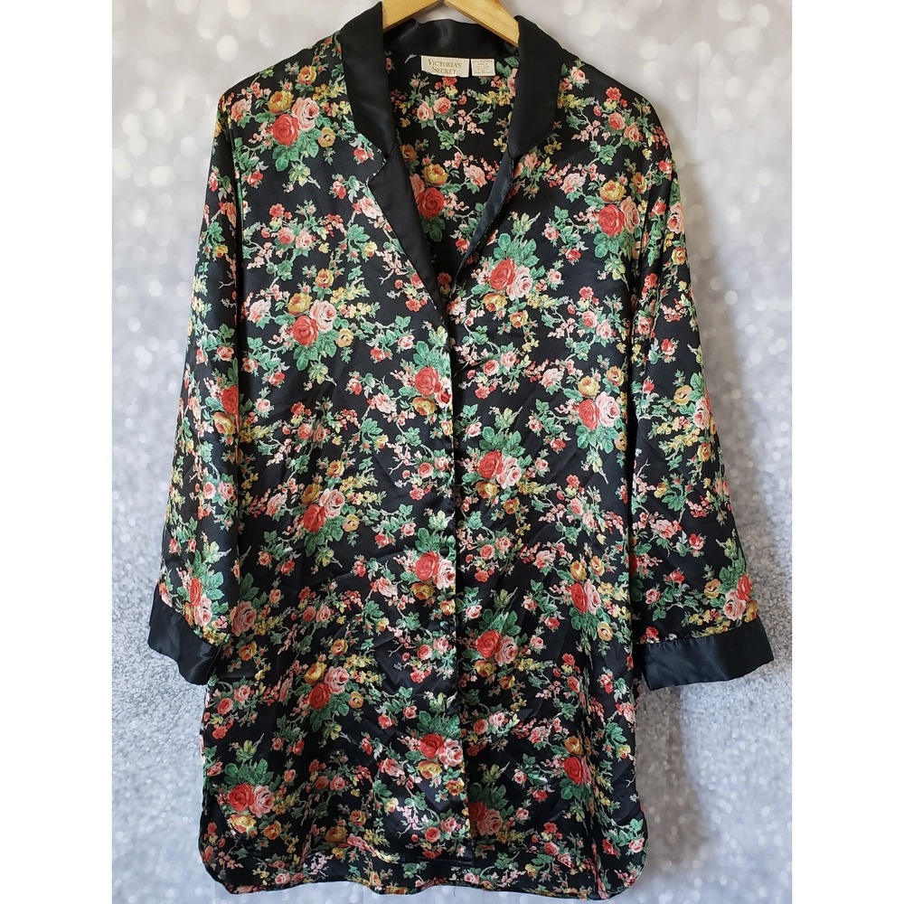 Vintage Victoria's Secret Gold Label Sleep Shirt Black & Rose Garden Size M